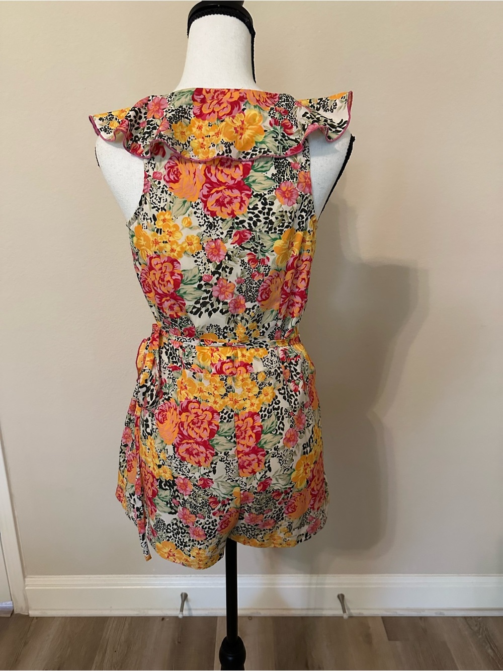 GUESS Floral Wrap Mini Dress in Yellow,  tiger spots, Pink & Cream - Picture 5 of 6